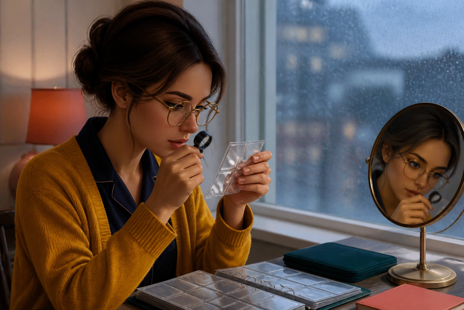 Margo examines an empty binder pocket with a magnifier beside a rain-lit window.
