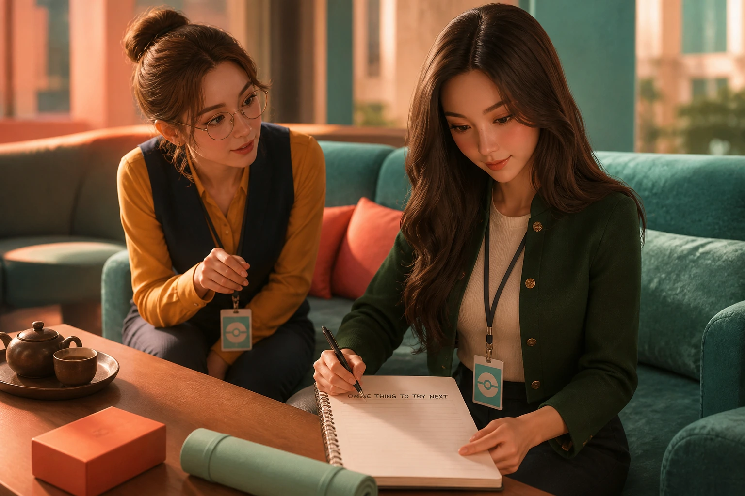 Yumi considers a practice notebook while Margo records one thing to try next in a club lounge.