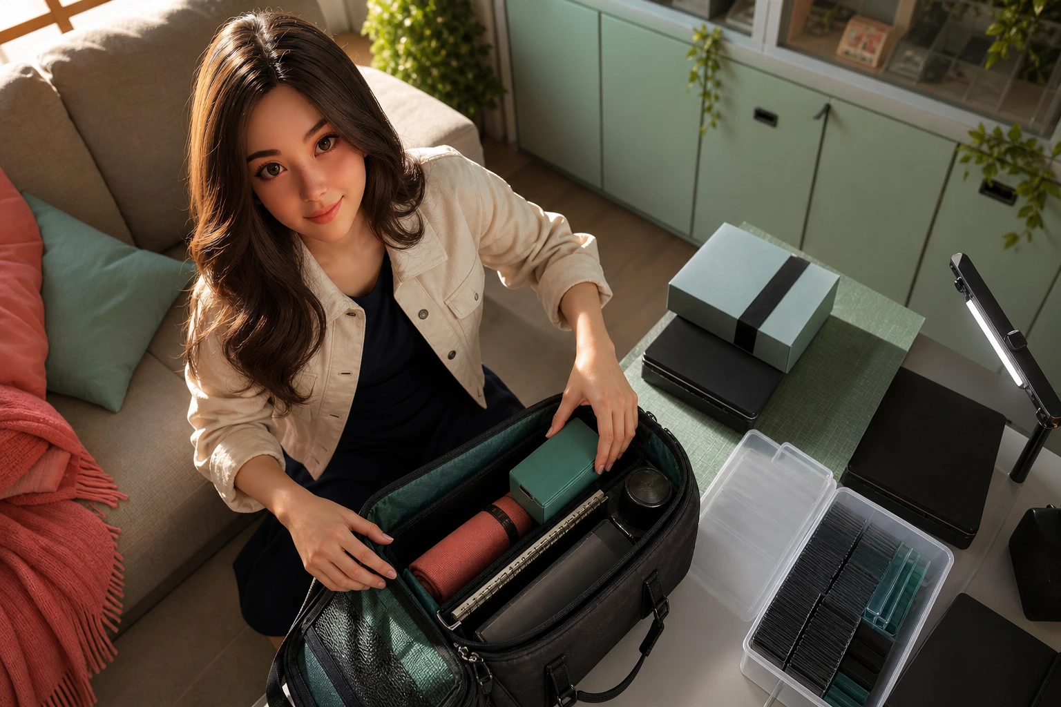 An overhead view of Yumi packing a compact card case and protective holders into one travel bag.