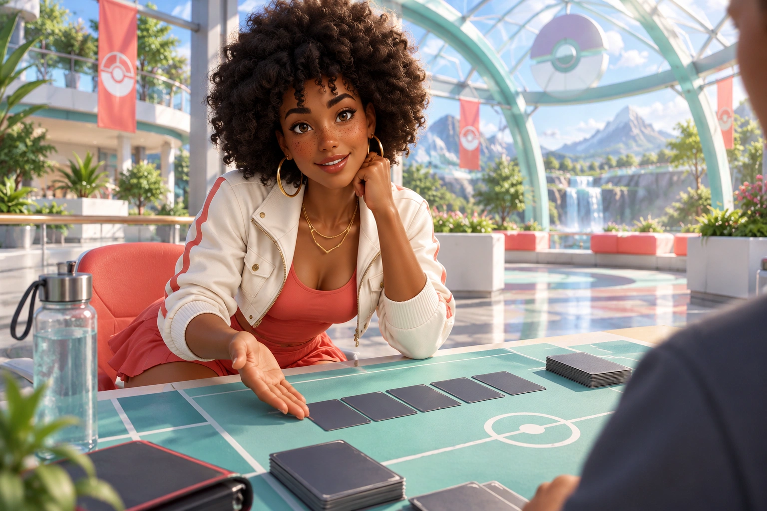 Illustration: adult Imani welcomes a learner to a Pokémon-world practice table. Opaque practice cards are atmosphere, not a photographed rules state or exact product.