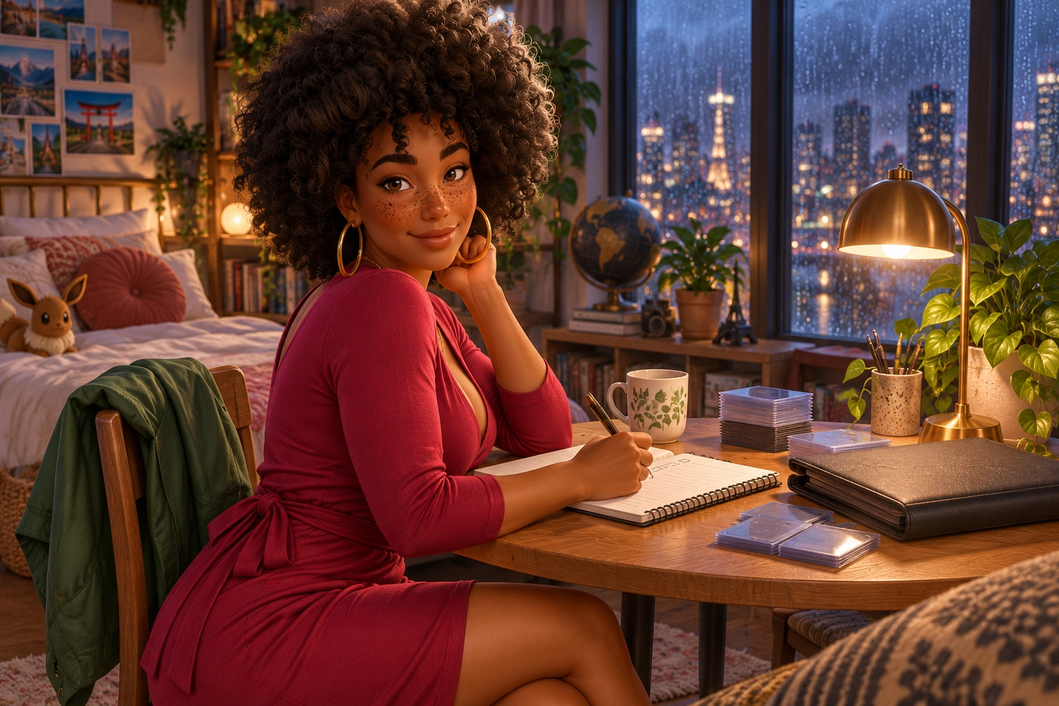 Illustrative scene: Imani crossing one item off a deck-testing notebook while offering the reader a knowing amused glance over her shoulder. Not documentary gameplay or product photography.