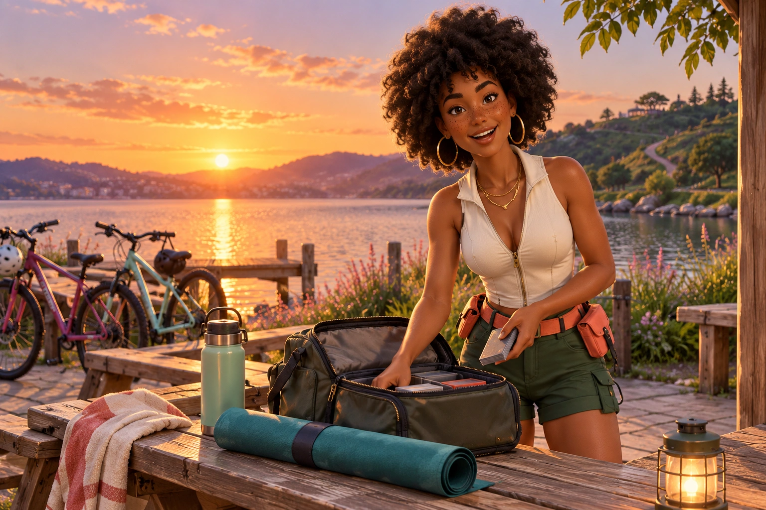 Illustrative scene: Imani packing a small unbranded game travel bag while looking up with an excited spontaneous laugh. Not documentary gameplay or product photography.