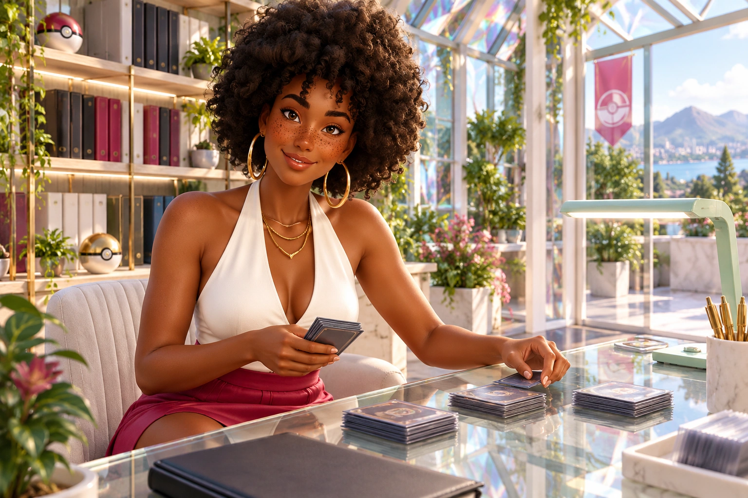 Illustrative scene: Imani sorting ordinary face-down cards into three distinct small piles while checking the reader’s reaction with a mischievous smile. Not documentary gameplay or product photography.