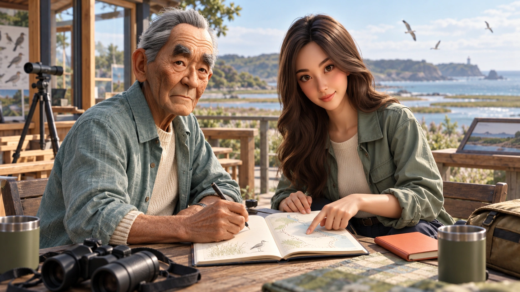 Kenji and Yumi compare field notes at a coastal birdwatching station for the Wingspan-family buying decision.