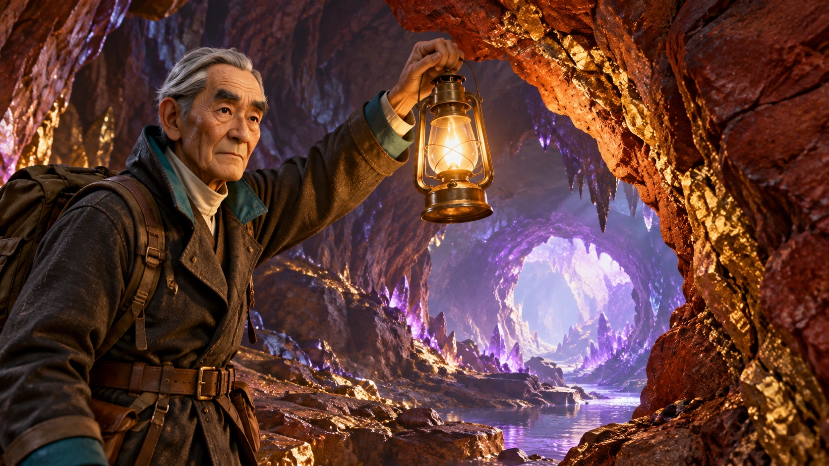 Wyrmspan-inspired dragon sanctuary cave with crimson stone, golden mineral seam and distant amethyst-lit arch; AI-assisted editorial atmosphere, not gameplay evidence.