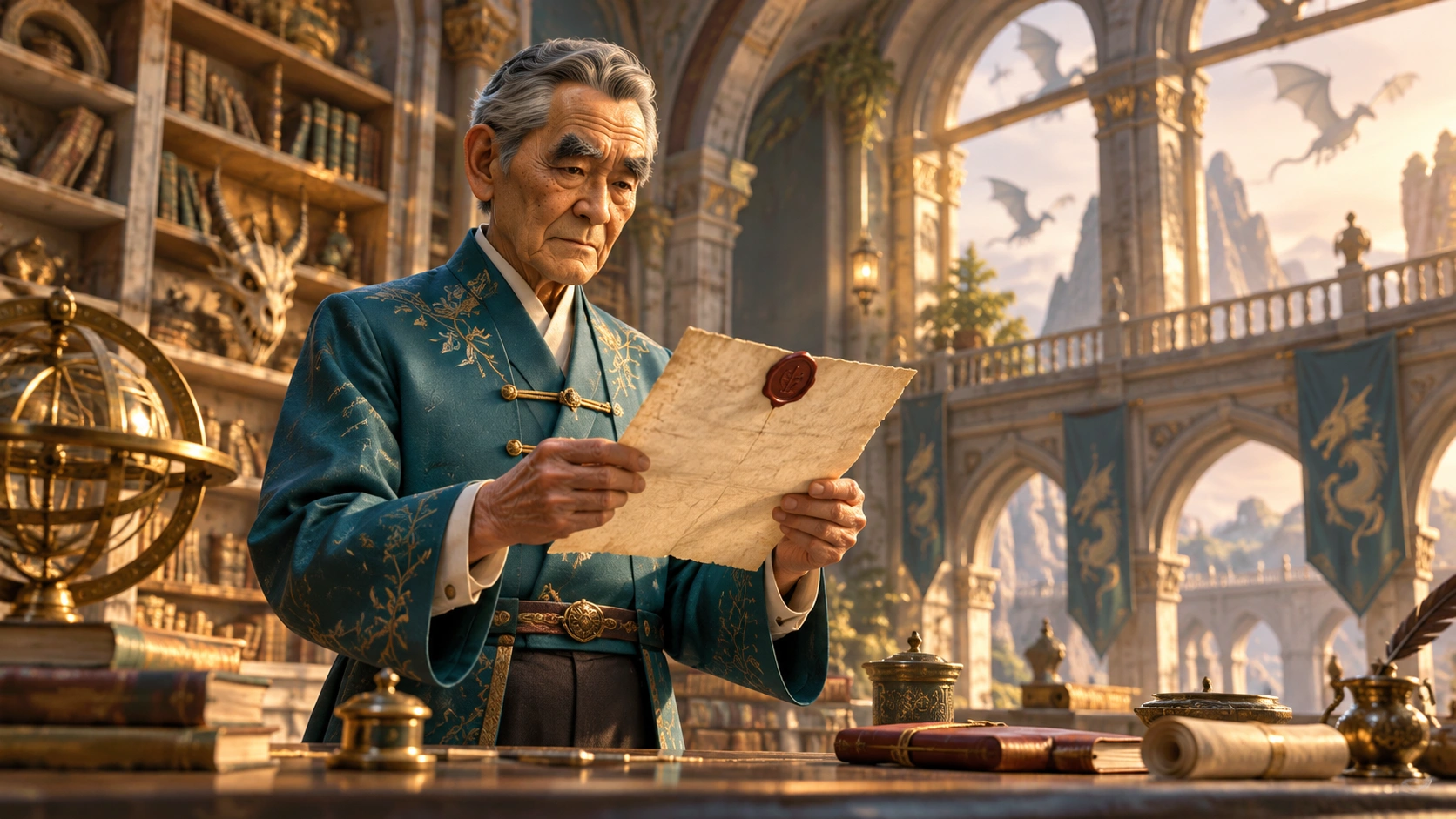 dragon academy vaulted study with engraved cave motifs, tall cream shelves and an open balcony above distant dragon silhouettes; AI-assisted editorial atmosphere, not gameplay evidence.