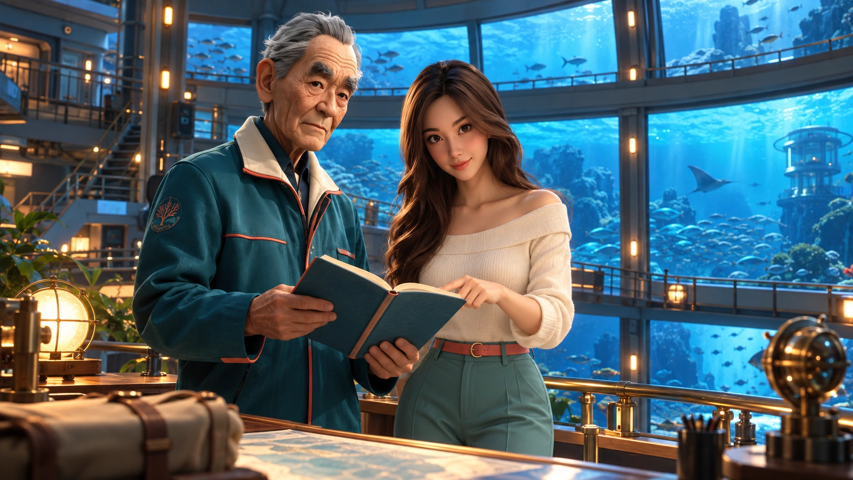 dry underwater research observatory with three depth-window tiers, schools of fish and a distant blue abyss; AI-assisted editorial atmosphere, not gameplay evidence.