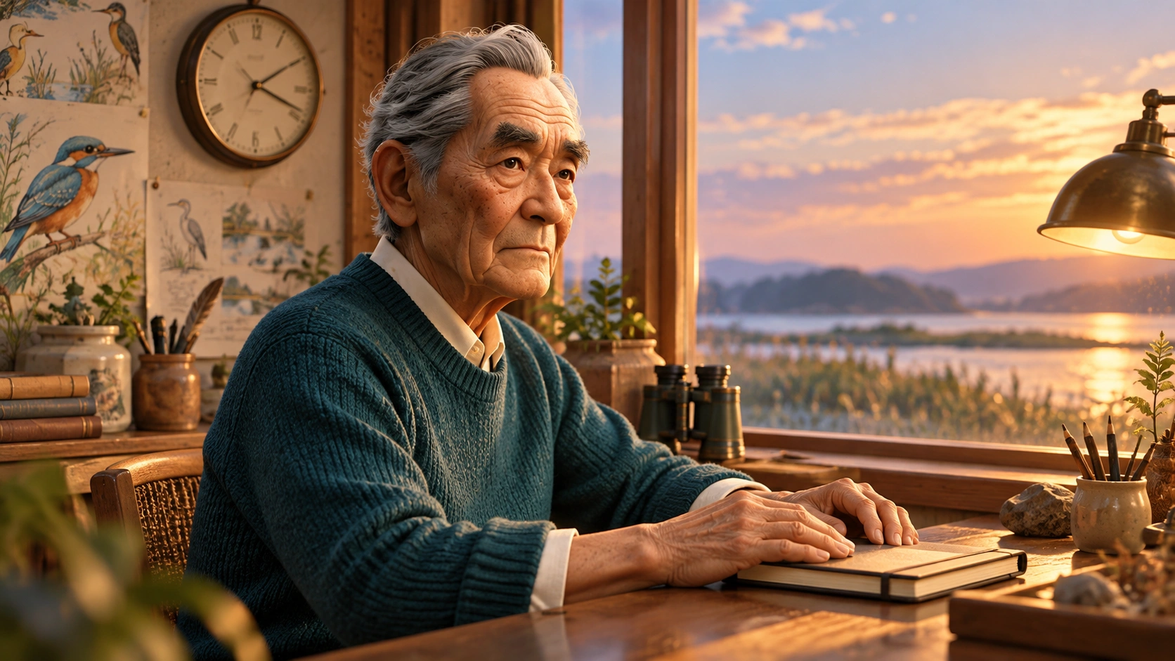 quiet field-station clock alcove with warm cream walls, habitat sketches and a broad dusk window; AI-assisted editorial atmosphere, not gameplay evidence.