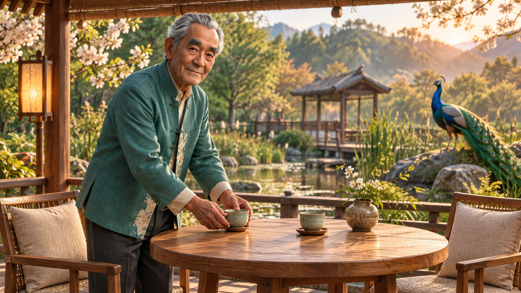 tranquil Asian garden bird refuge with peacock, pond-side reeds and a sheltered two-seat pavilion; AI-assisted editorial atmosphere, not gameplay evidence.