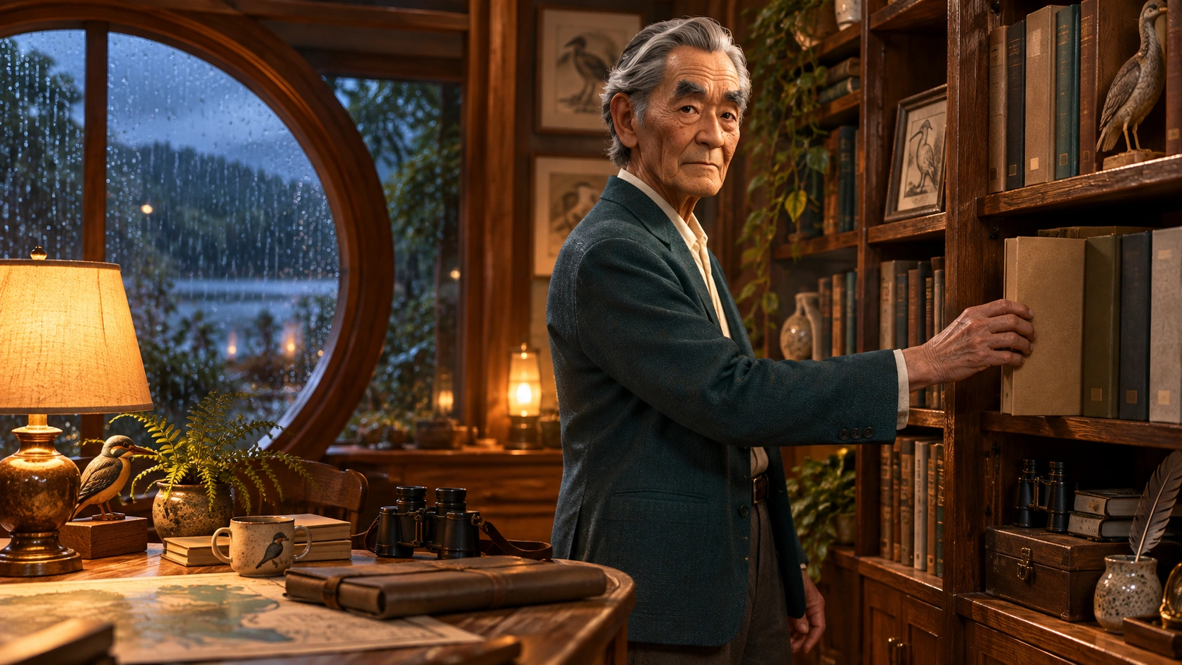 warm private naturalist lodge library with bird field books, closed plain archival folders and rain on a round window; AI-assisted editorial atmosphere, not gameplay evidence.