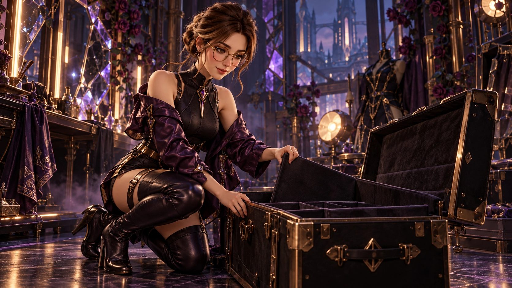 Fictional editorial illustration: adult Margo organizing a fictional unbranded travel trunk. No actual product test or documentary gameplay is depicted.