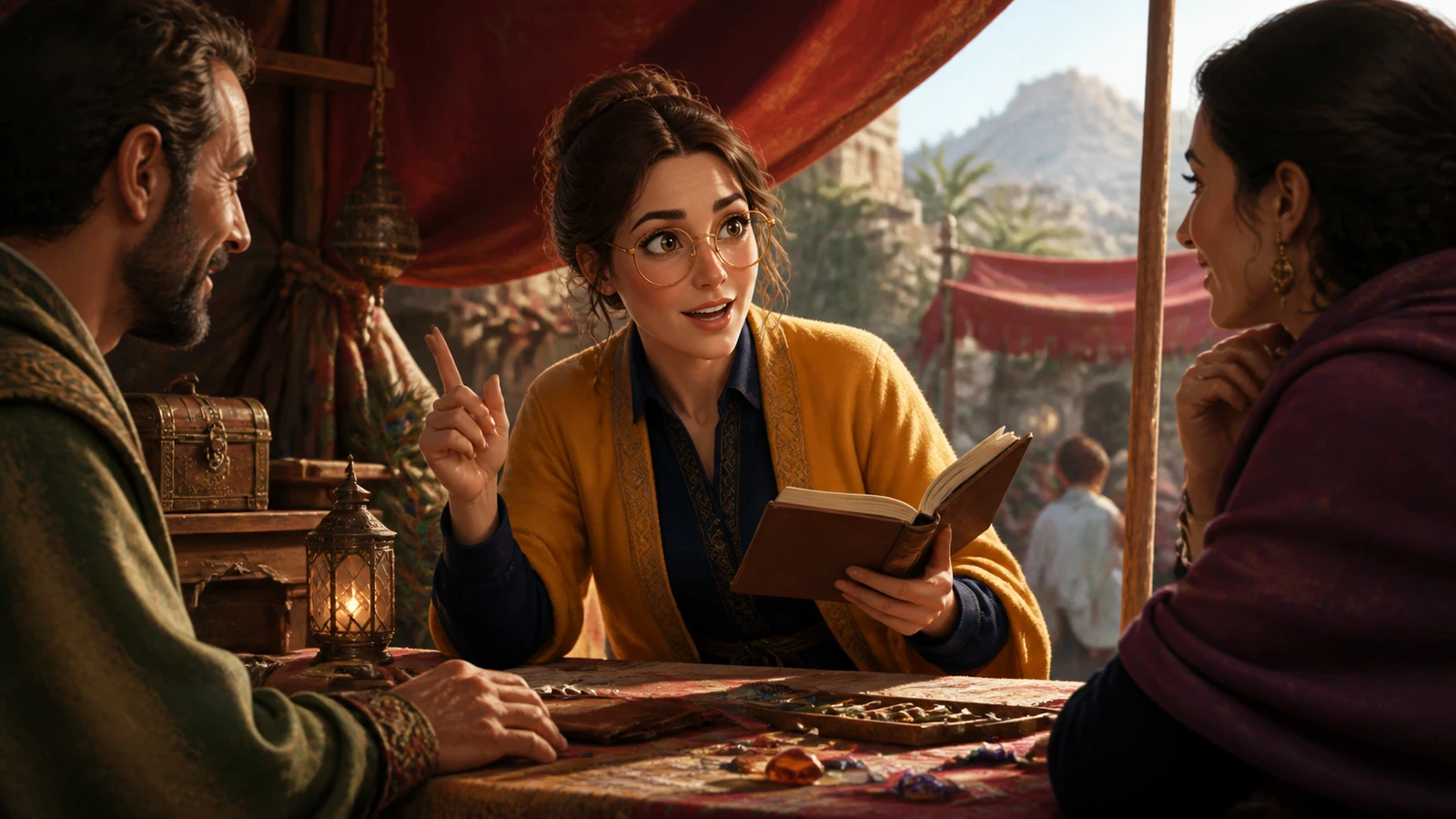 Margo raises a finger with an amused expression while consulting a notebook in a market pavilion.