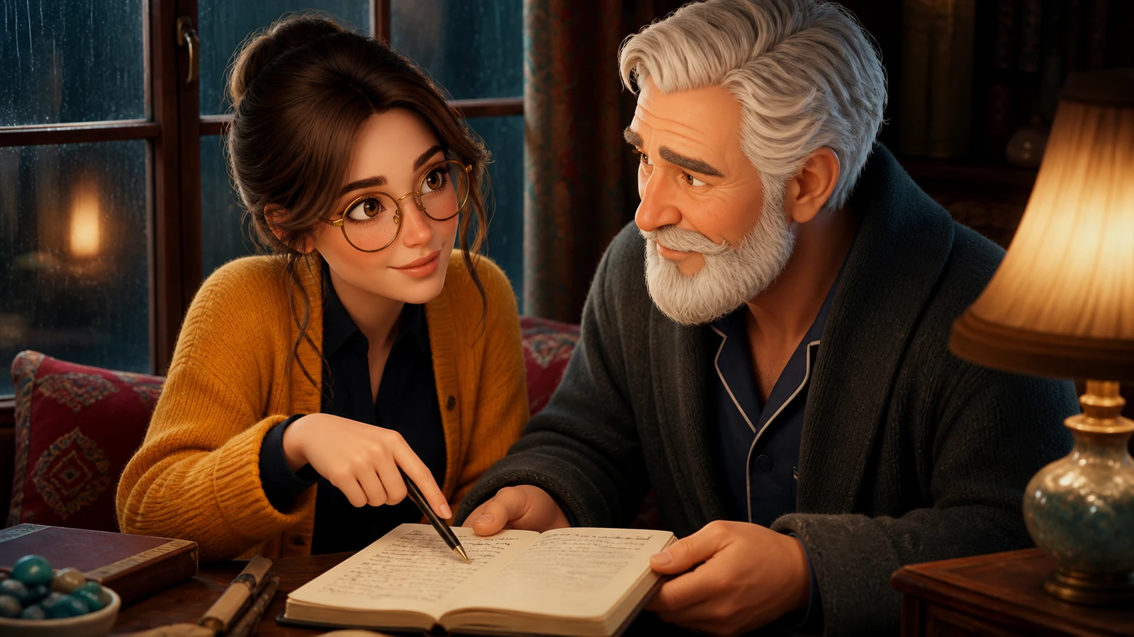 Margo and Robert compare notebook entries beside a rainy window.