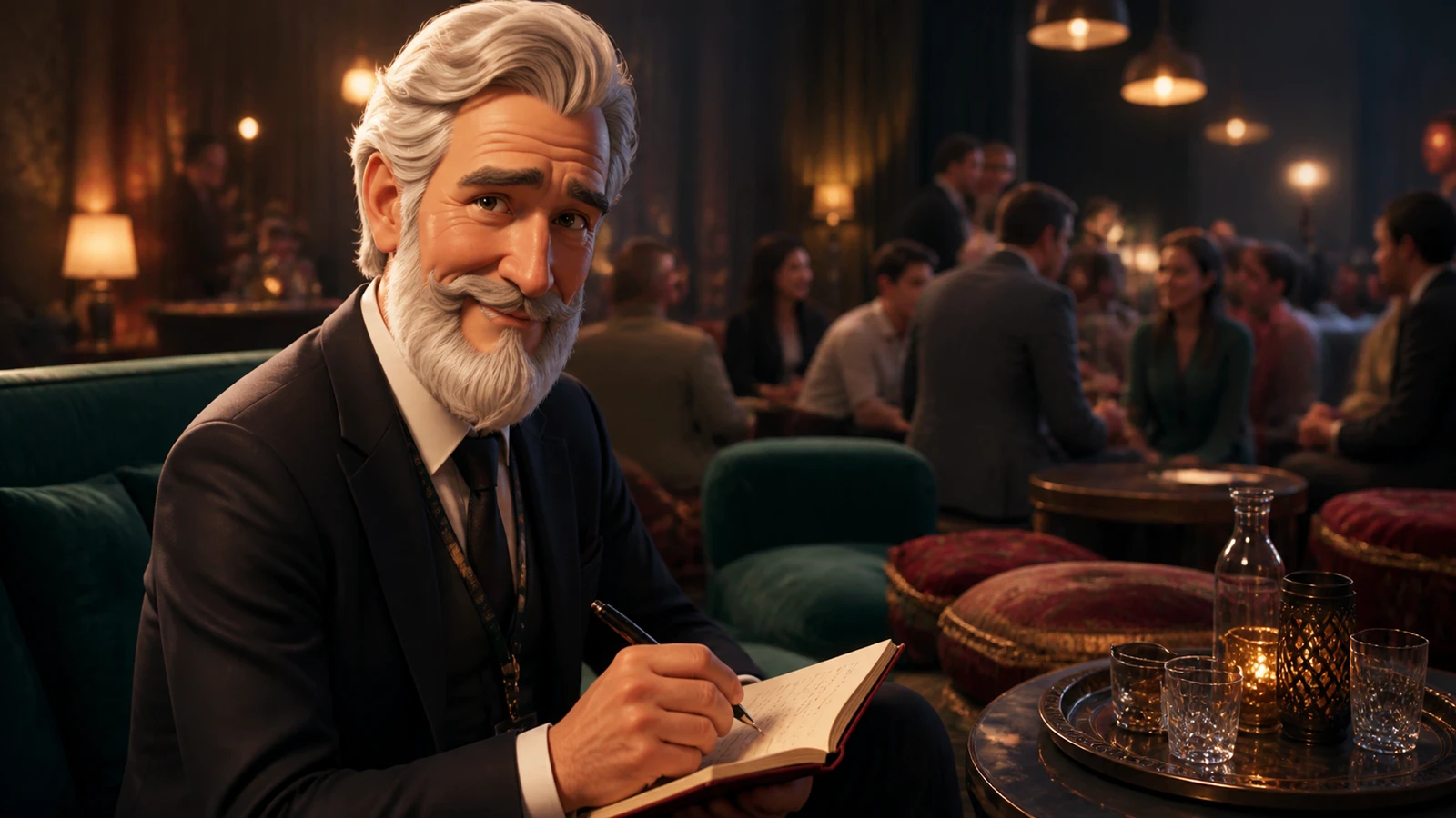 Robert checks a notebook in a modern evening game-club lounge.