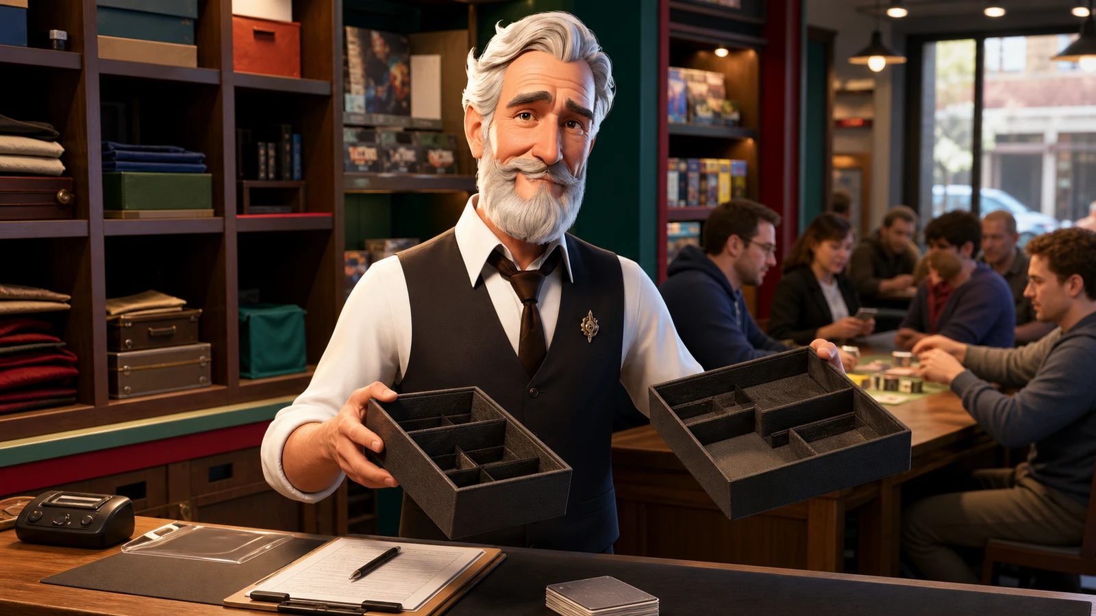 Robert presents two empty organizing trays in a game store; no product-fit test is depicted.