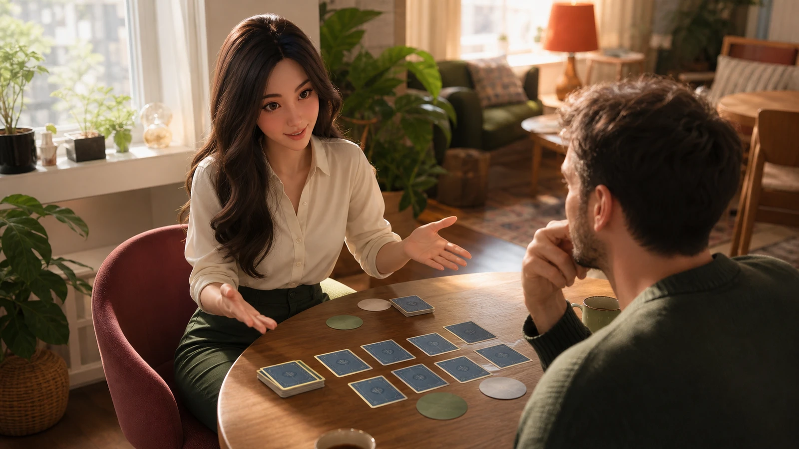 Yumi welcomes an adult guest to a bright apartment table before a teaching session.
