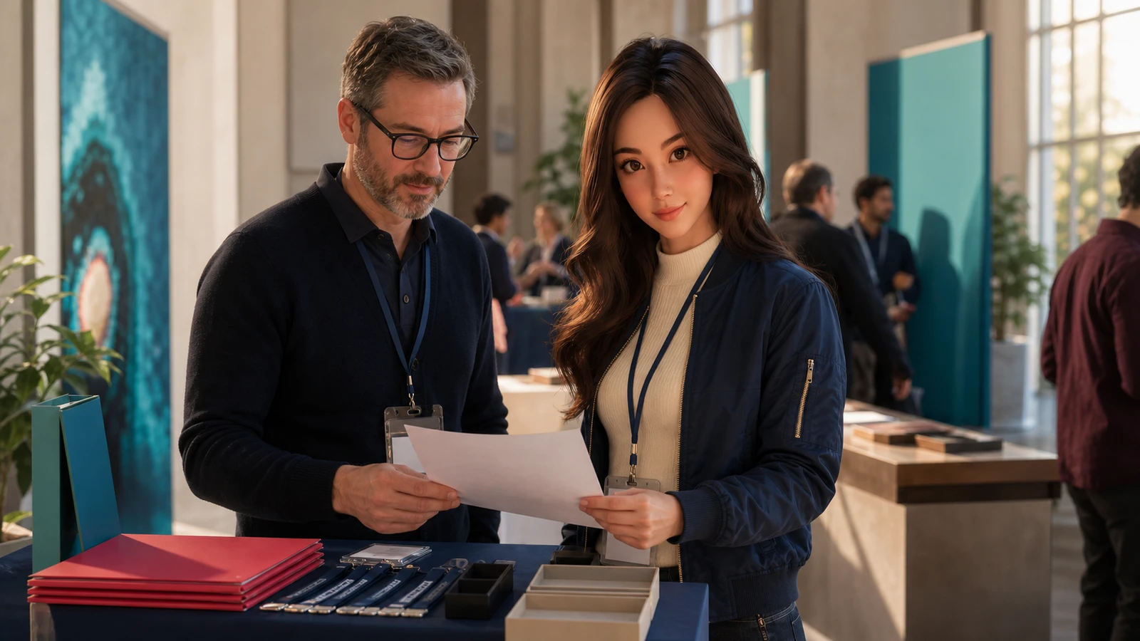 Yumi discusses a paper with adult volunteers at an airy event registration desk.