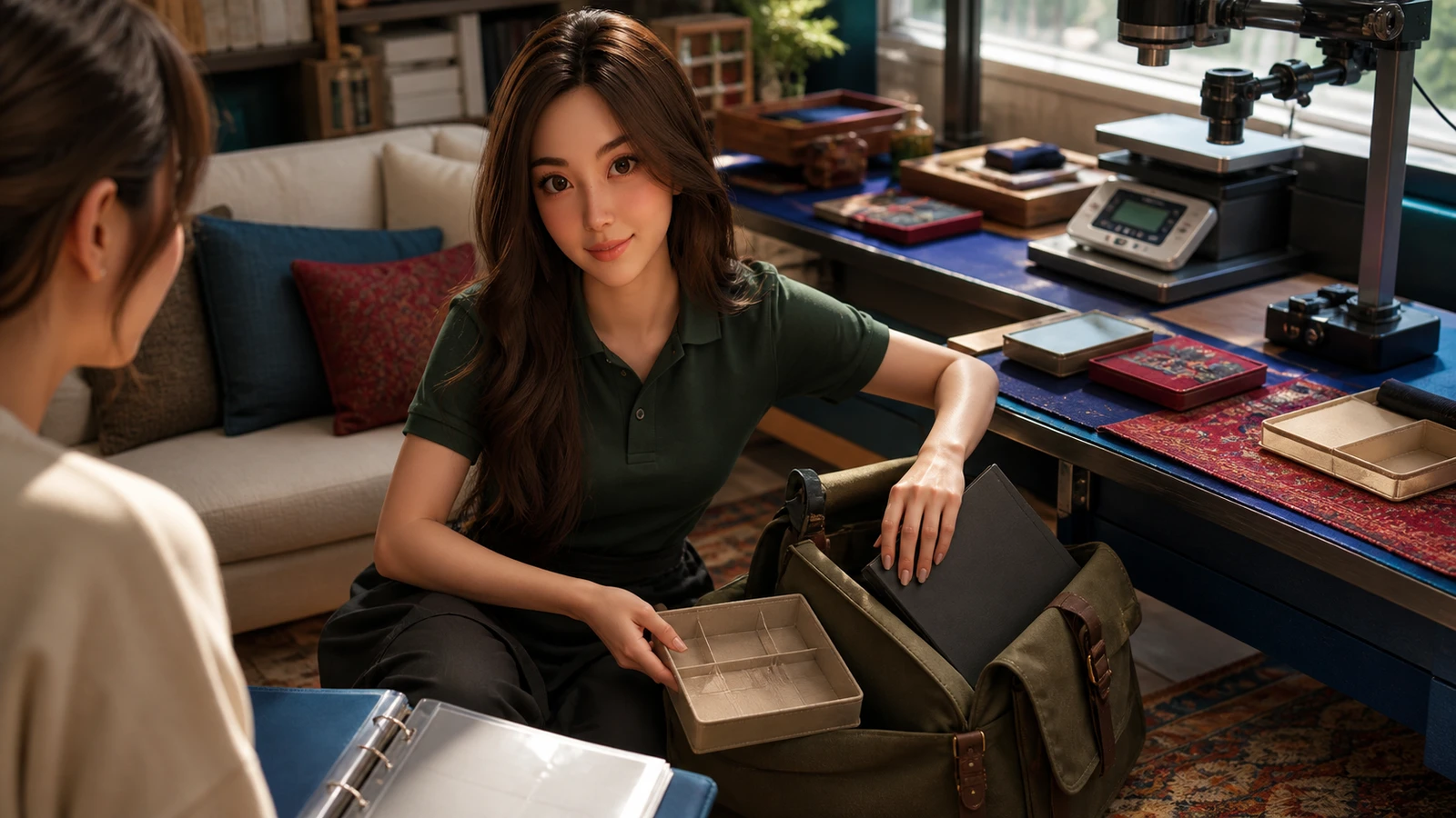 Yumi packs a notebook and plain organizing tray at a home workbench.