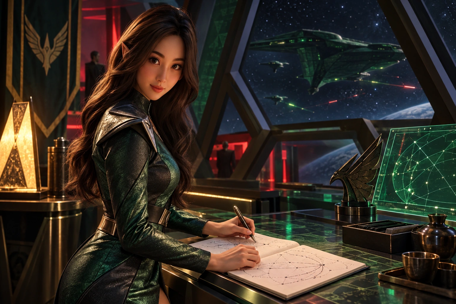 Romulan diplomatic chart gallery with dark triangular windows, jade tactical illumination and a warbird silhouette in the distant starfield; tracing three alternative routes in a plain handwritten planning notebook