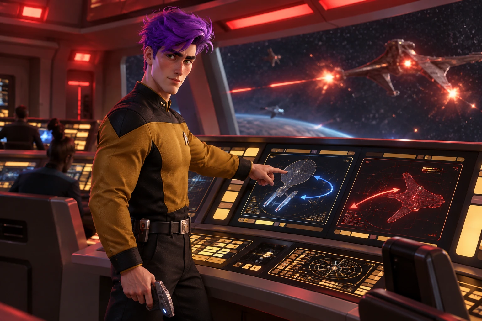 TNG tactical bridge station at red alert, gold-black consoles, sharply angled viewscreen of a Klingon cruiser firing and safe intact crew stations; pointing to two tactical alternatives while holding a fictional phaser safely lowered in the other hand