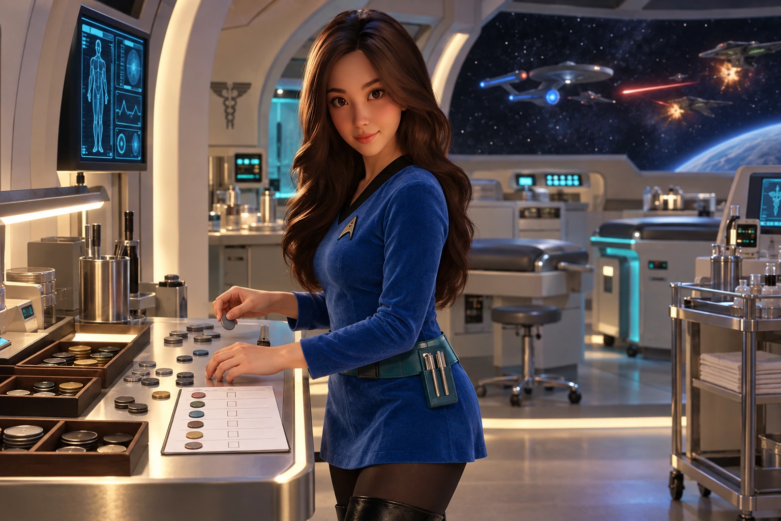 Federation sickbay teaching alcove with cream diagnostic arches, teal instrument light, orderly medical station and a deep-space window; sorting ordinary neutral crew-role tokens beside a type-diversity checklist