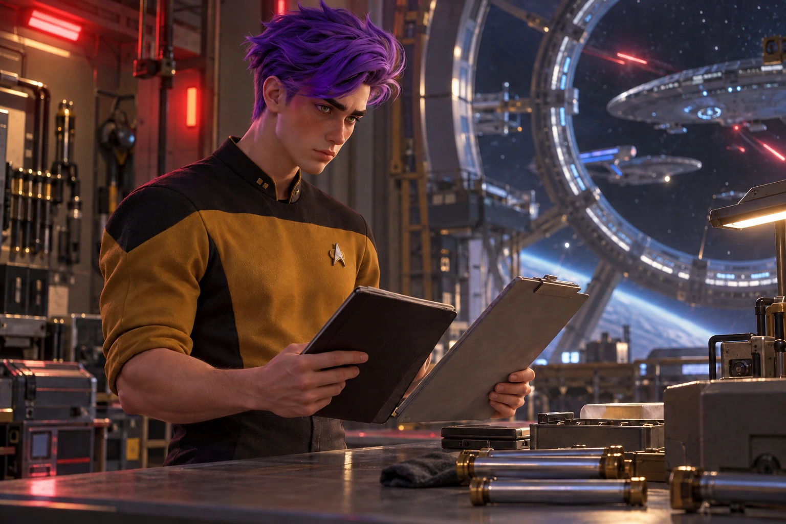 Starbase station-maintenance workshop with circular docking-ring window, industrial bronze braces, spare unbranded isolinear rods and a low service bench; balancing a crew-duty notebook against a ship-readiness checklist before committing resources