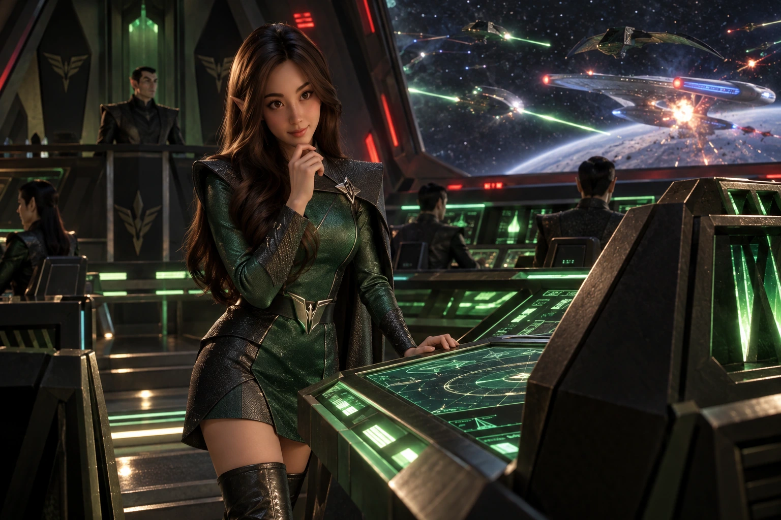Romulan warbird command bridge with steep green-lit consoles, dark pointed doorway, command balcony and an external Federation battle on the main display; pausing over an unmarked tactical pad with a skeptical half-smile while the crew waits for her decision