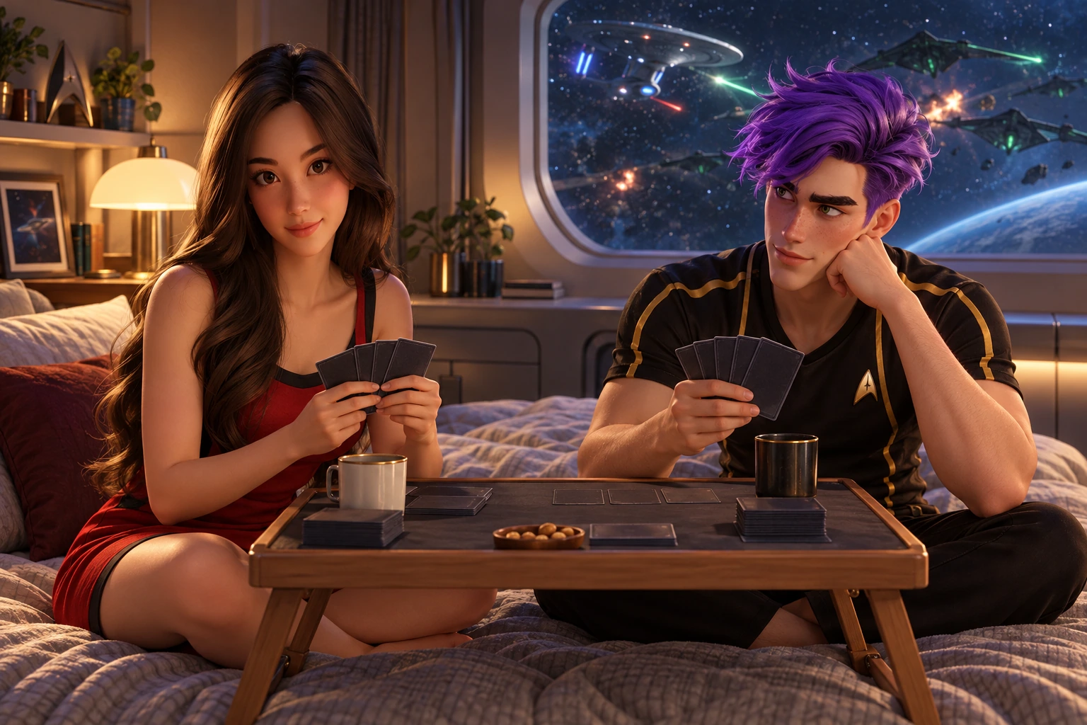 TNG officer’s private quarters with curved taupe walls, a broad round-corner starfield window and a neatly made bed; Federation and Romulan ships exchange distant fire outside the protected window; playing a friendly card game with muscular purple-haired Dax while both sit upright cross-legged on opposite sides of a stable bed tray, sharing amused concentration, natural anatomy and no sexual pose