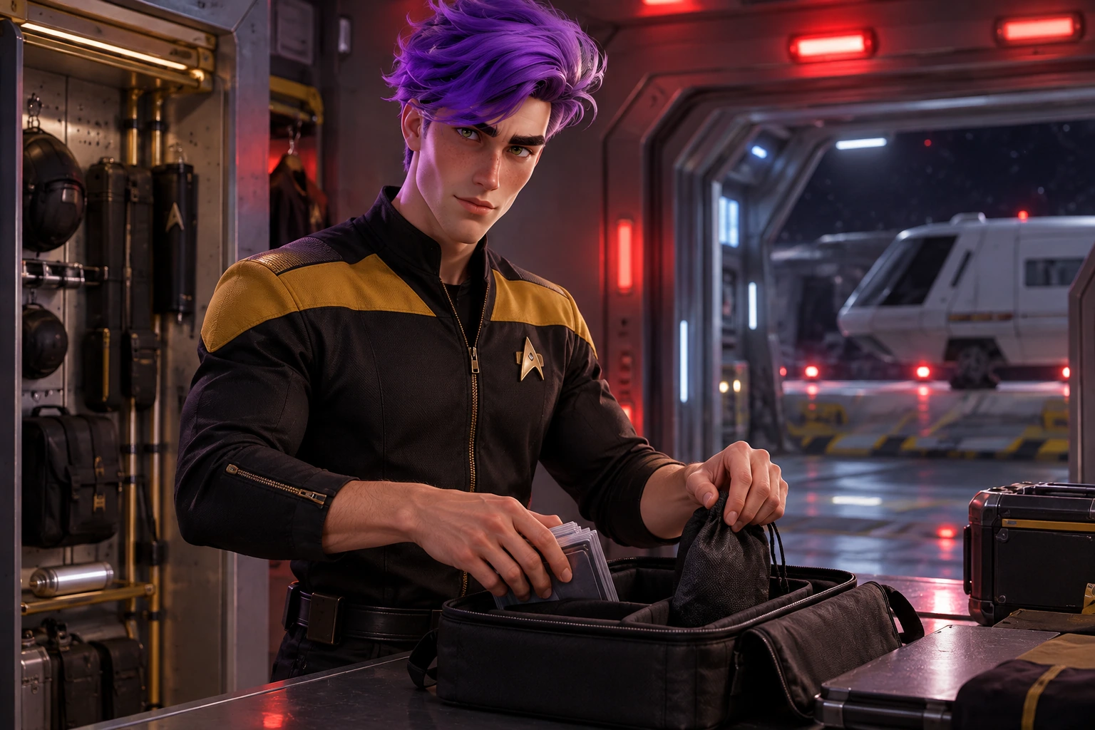 Federation emergency locker compartment beside an away-team shuttle hatch, textured dark wall panels, red overhead status lights and clean gold equipment rail; carefully packing a sleeved practice deck and separate neutral token pouch into an unbranded travel case