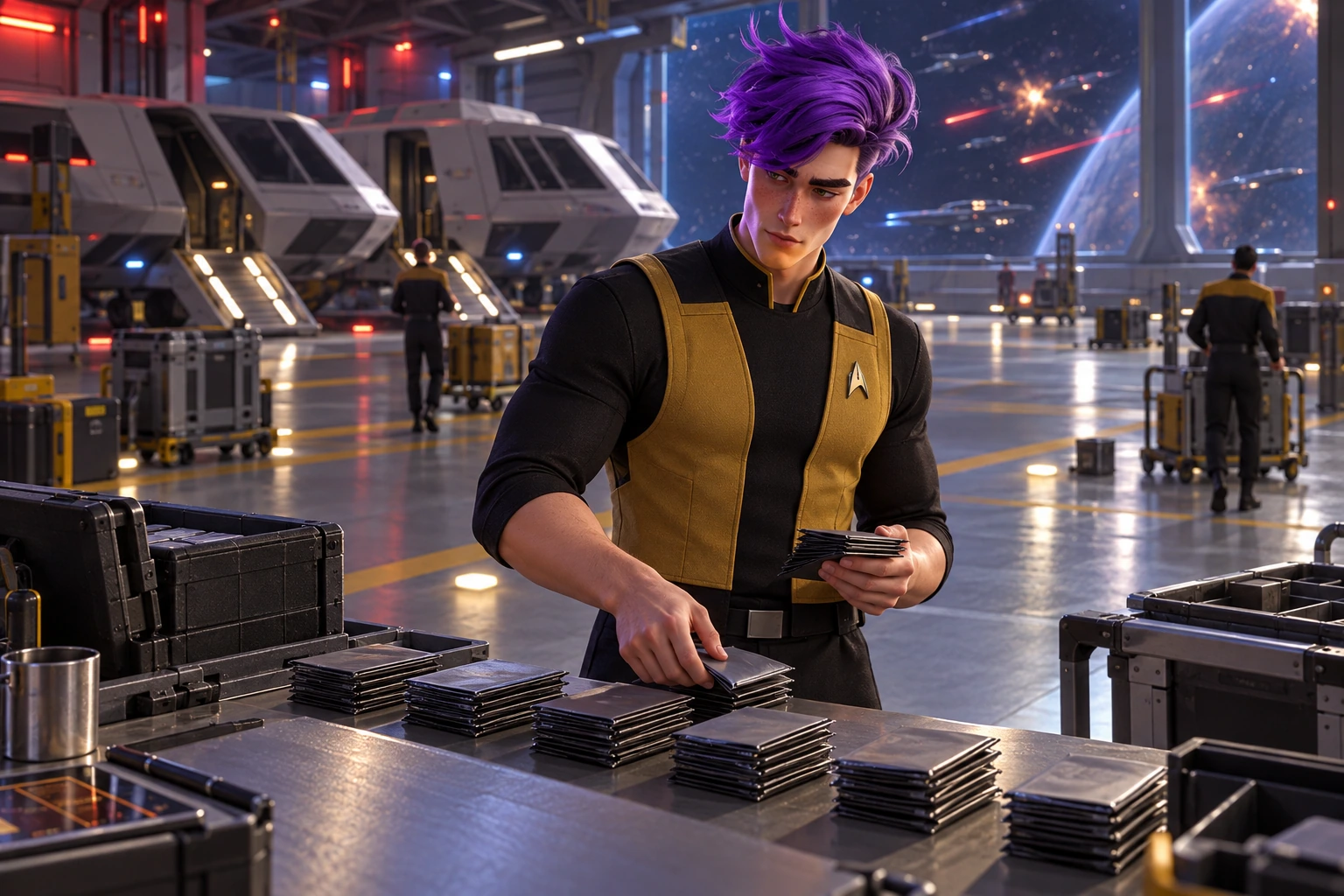 TNG shuttle-bay logistics deck with two Federation shuttle silhouettes, numbered floor lanes without readable typography, tall hangar forcefield and distant battle flashes; counting ordinary closed practice-card packets into organized groups on a portable workbench