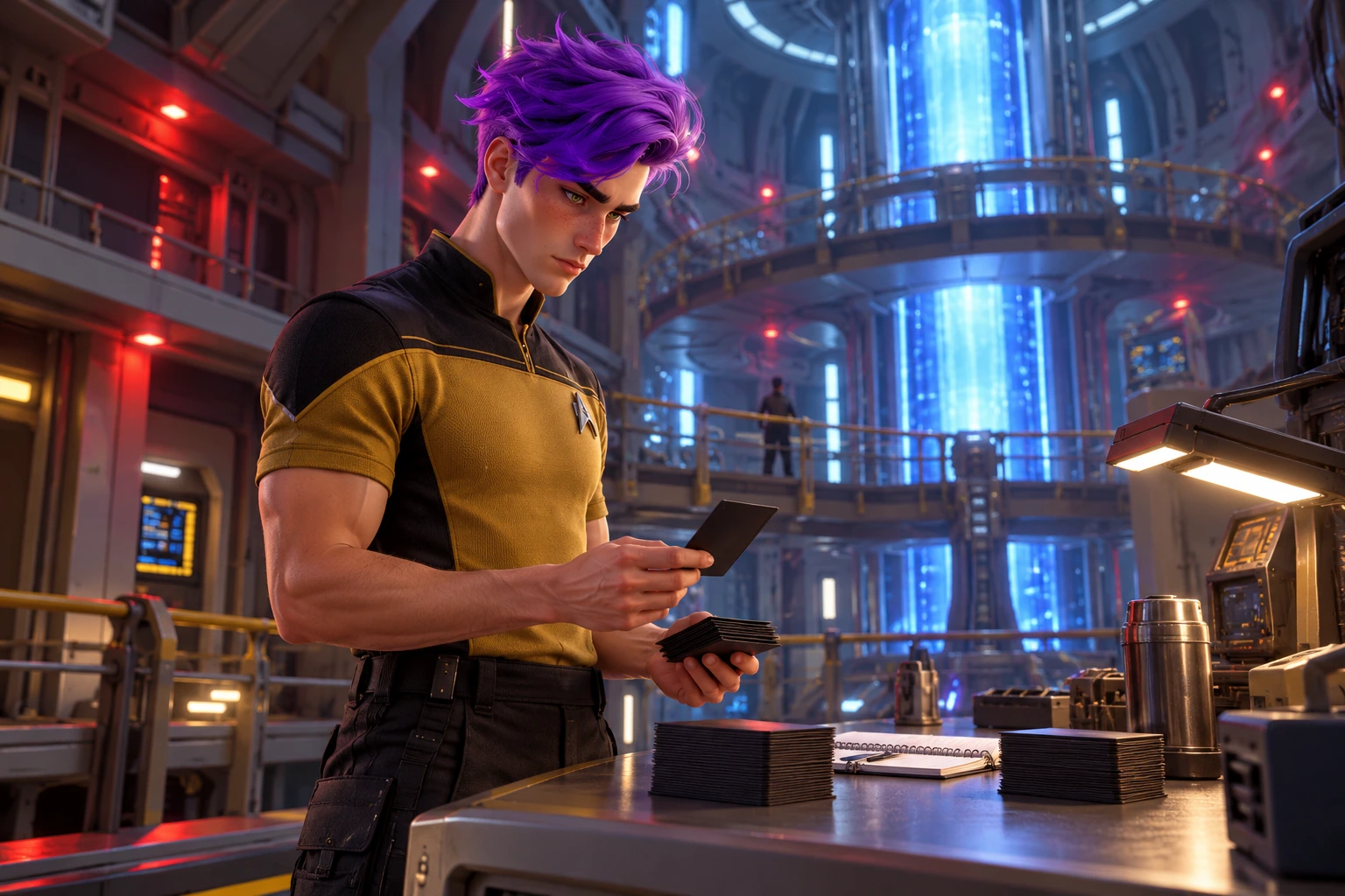 TNG main engineering below a tall blue antimatter warp core, curved service gantry, vertical coolant lights and a secure workbench; sorting opaque-backed practice cards into two visibly separated groups while checking a plain deck-building notebook