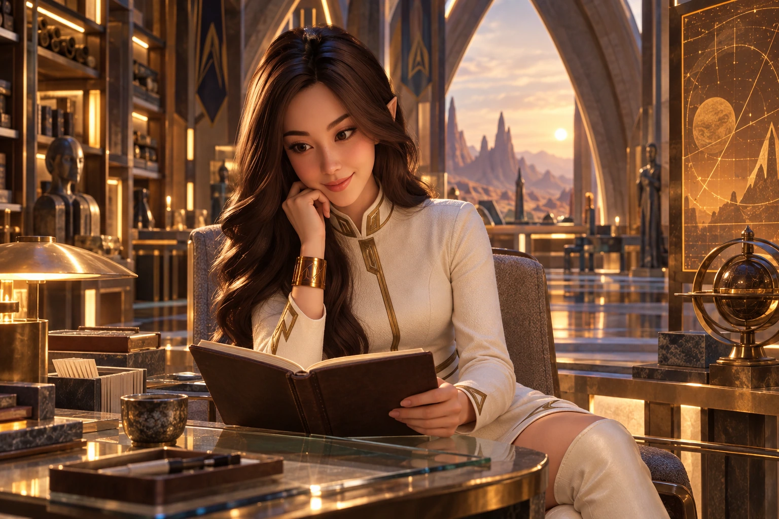 Vulcan starship archive with pointed stone-like arches, warm bronze shelving, amber star charts without text and a desert planet outside a narrow viewport; examining a plain ship-collection notebook with a delighted thoughtful raised brow