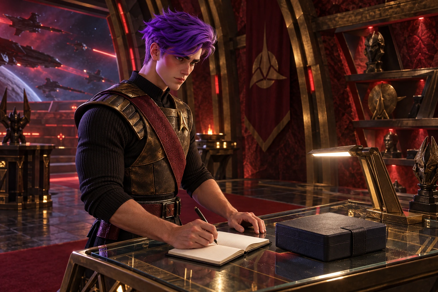 Klingon collector’s secure archive chamber: bronze ribbed vault ribs, dark red mineral wall, angular recessed niches and a heavy plain work surface; setting a firm written opening limit in a plain notebook before touching a closed neutral card carrier