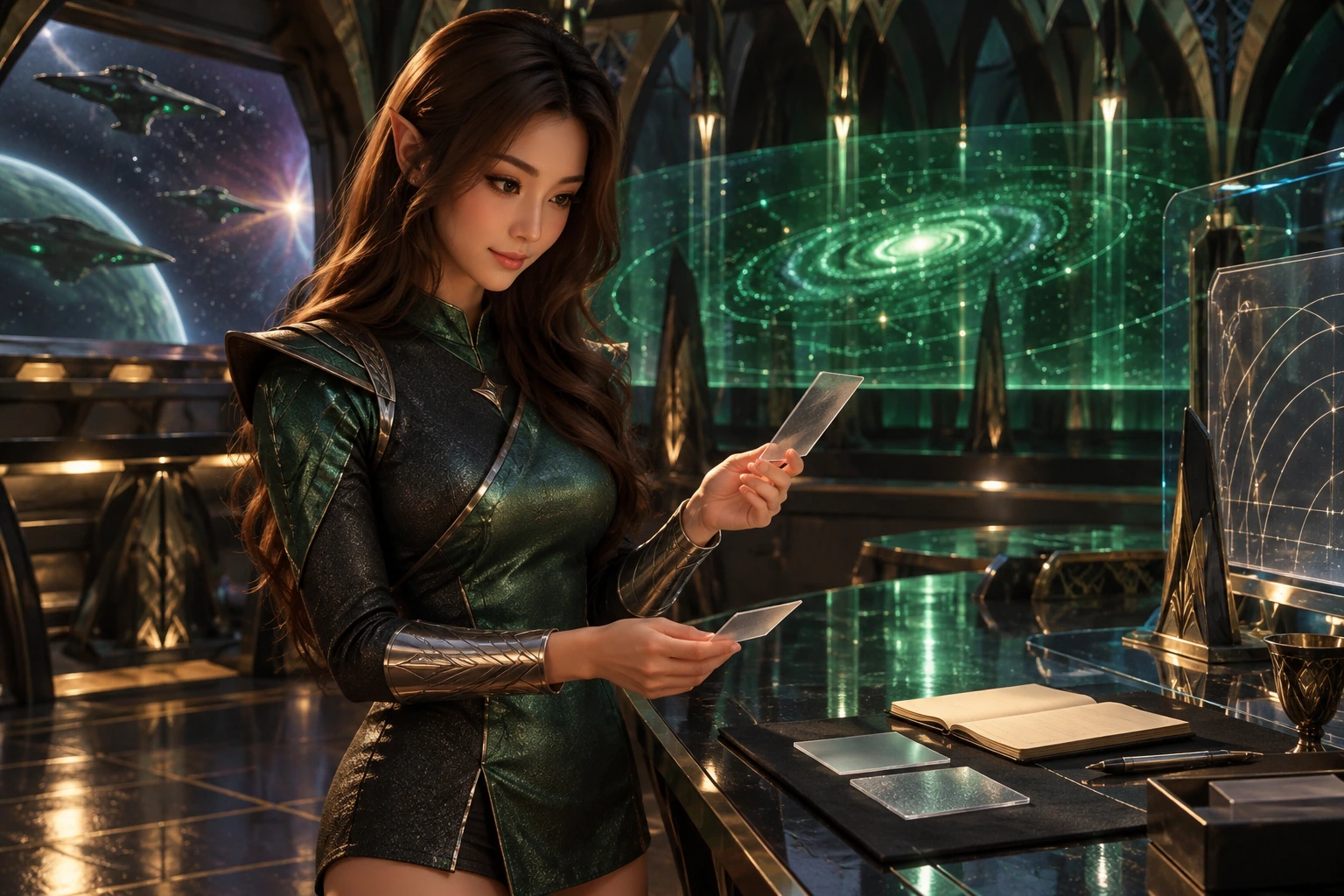 Romulan astrometric laboratory with jade elliptical star projection, dark scalloped bulkheads, layered transparent instrument planes with no readable text and a quiet viewport; comparing four unprinted transparent material swatches beside a classification notebook