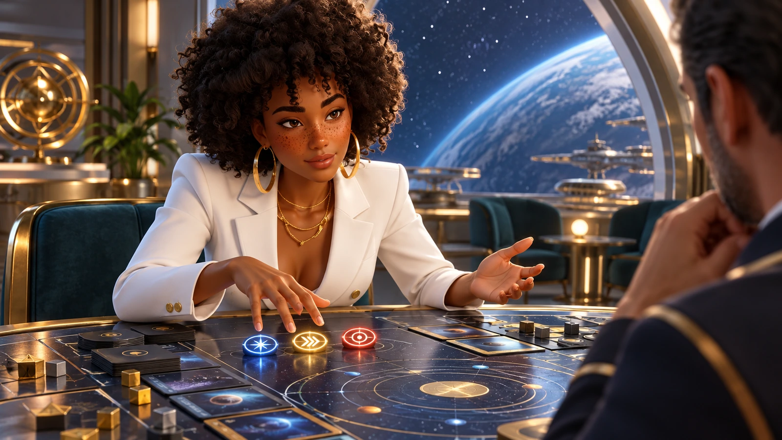 Imani teaches the three-action turn across a futuristic observation-lounge table.