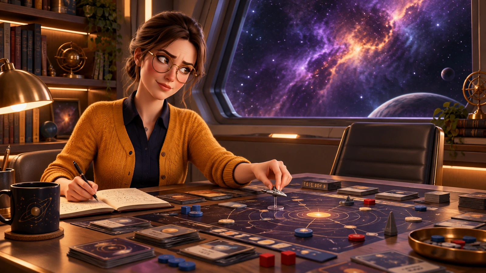 Margo studies a solo command board in a quiet starship library.
