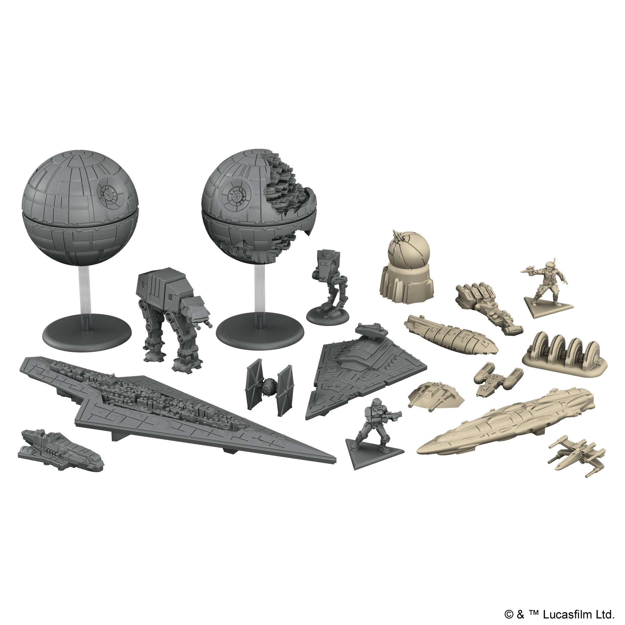 Plastic miniatures of iconic ships and units, including the Death Star, Star Destroyers, and Rebel fighters.
