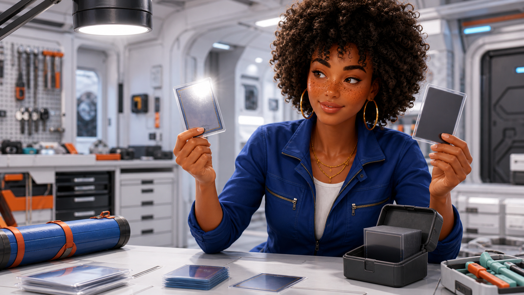 Imani, The Connector — comparing sleeve opacity and glare under a bright repair-bay lamp