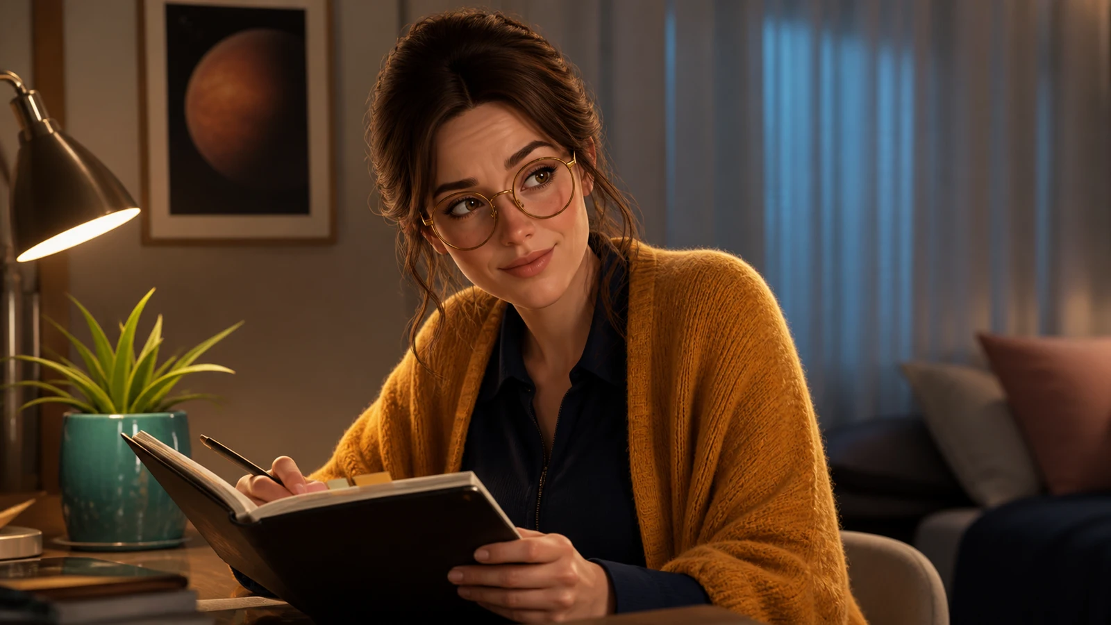 Margo raises an amused eyebrow over her notebook in a quiet private reading room with a Mars print.