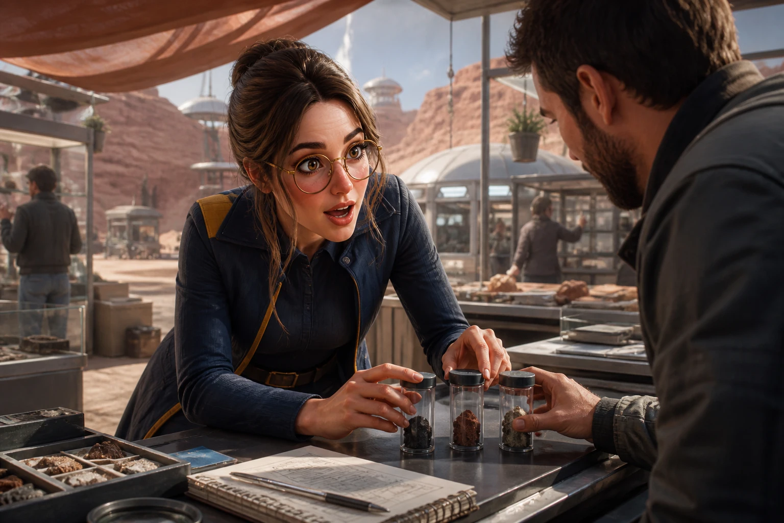 Margo reacts with amused surprise while comparing three rock samples at a Mars settlement counter.