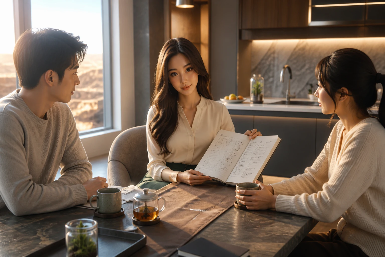 Yumi shares a planning notebook and tea with two adults at a bright kitchen table.