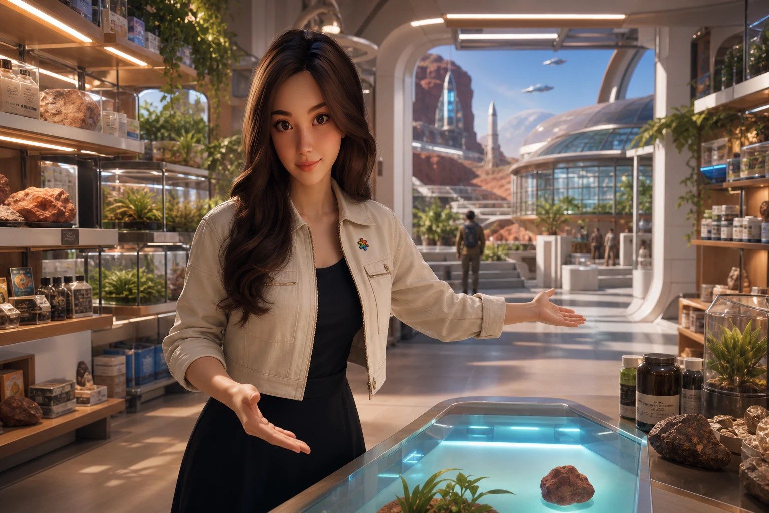 Yumi welcomes a newcomer into a bright Mars habitat shop with plants and geological displays.