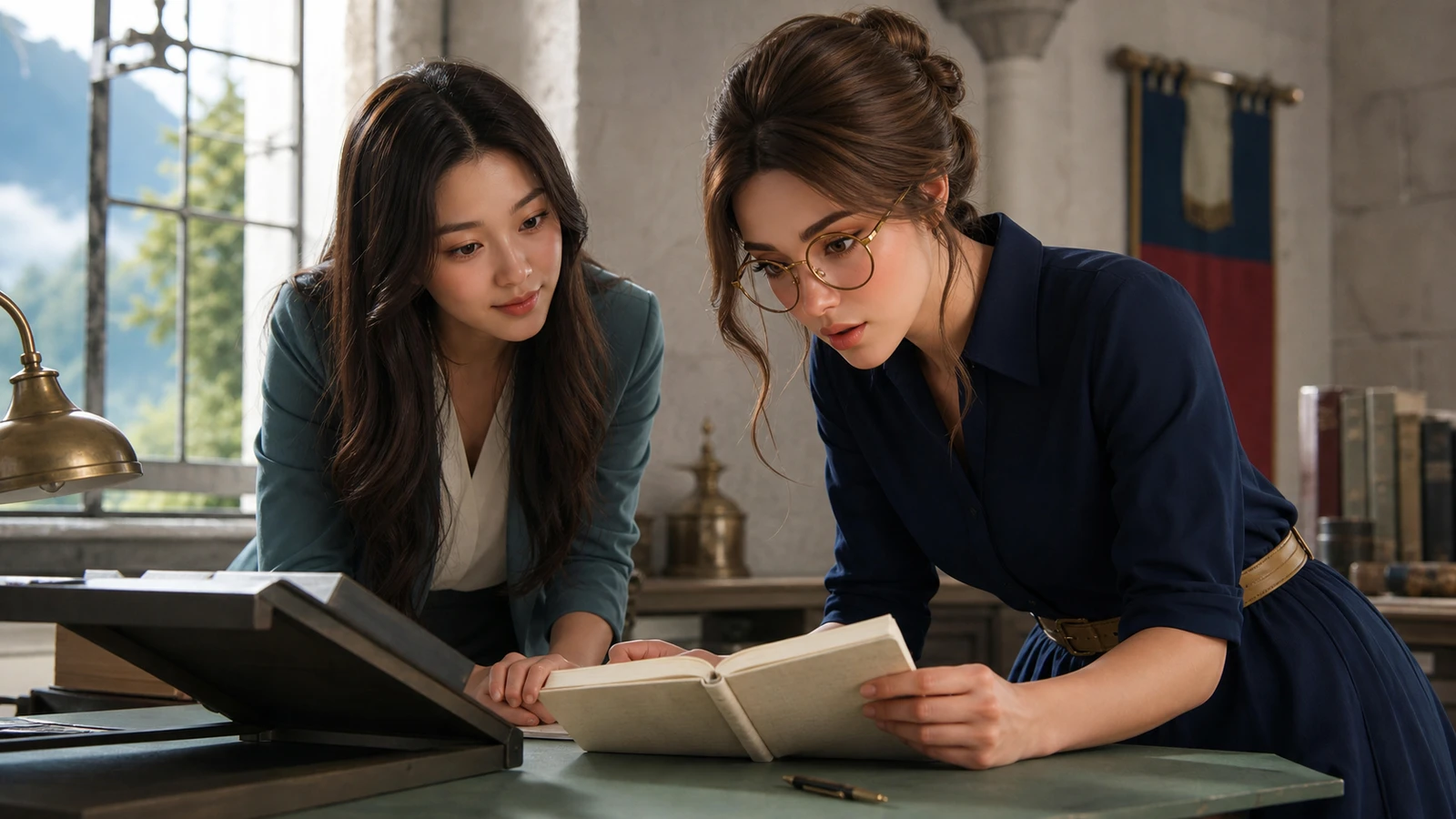 Margo and an adult companion consult a notebook at a sunlit reference desk.