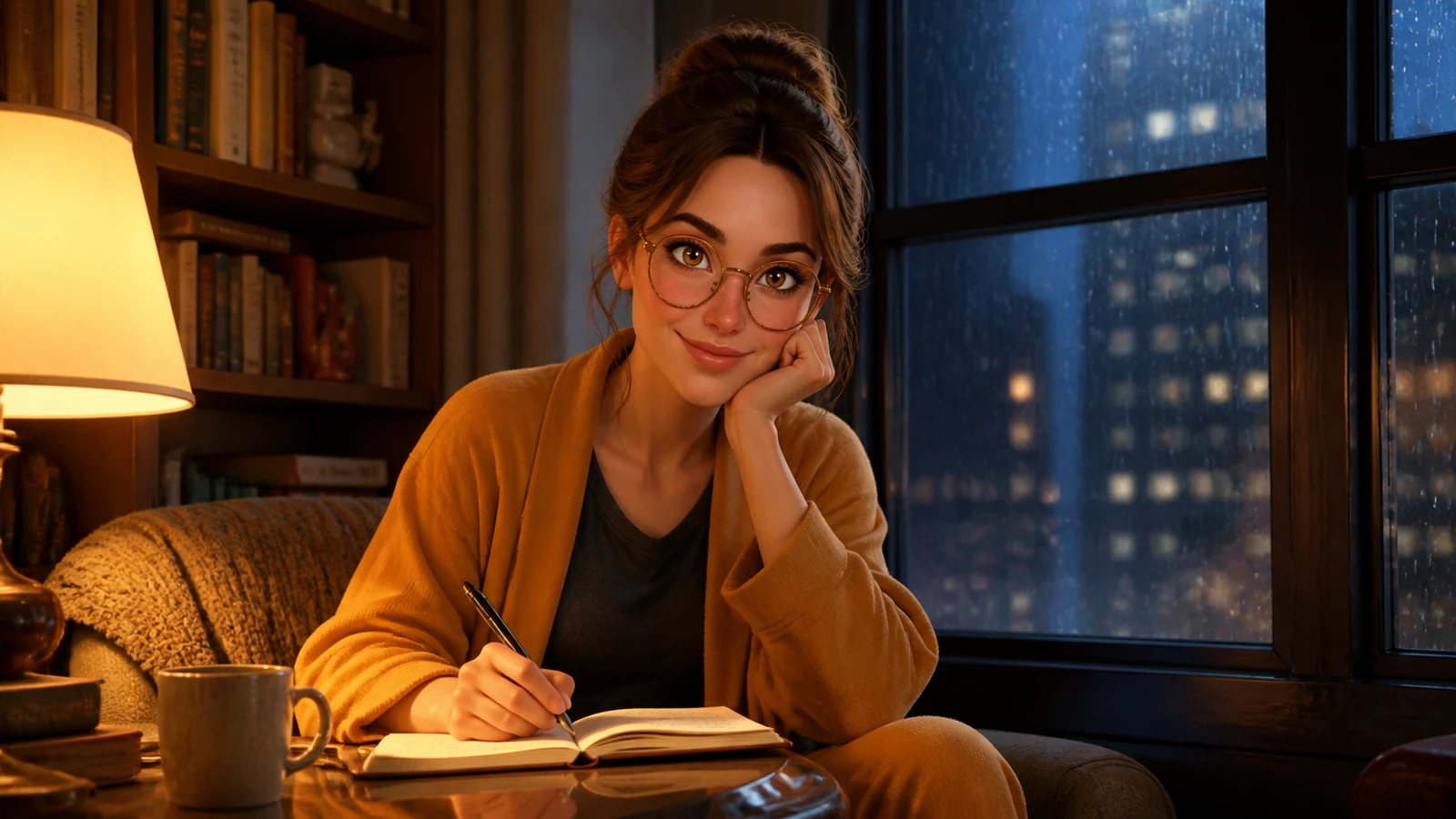 Margo writes in a notebook by a rainy window with a pleased, thoughtful expression.