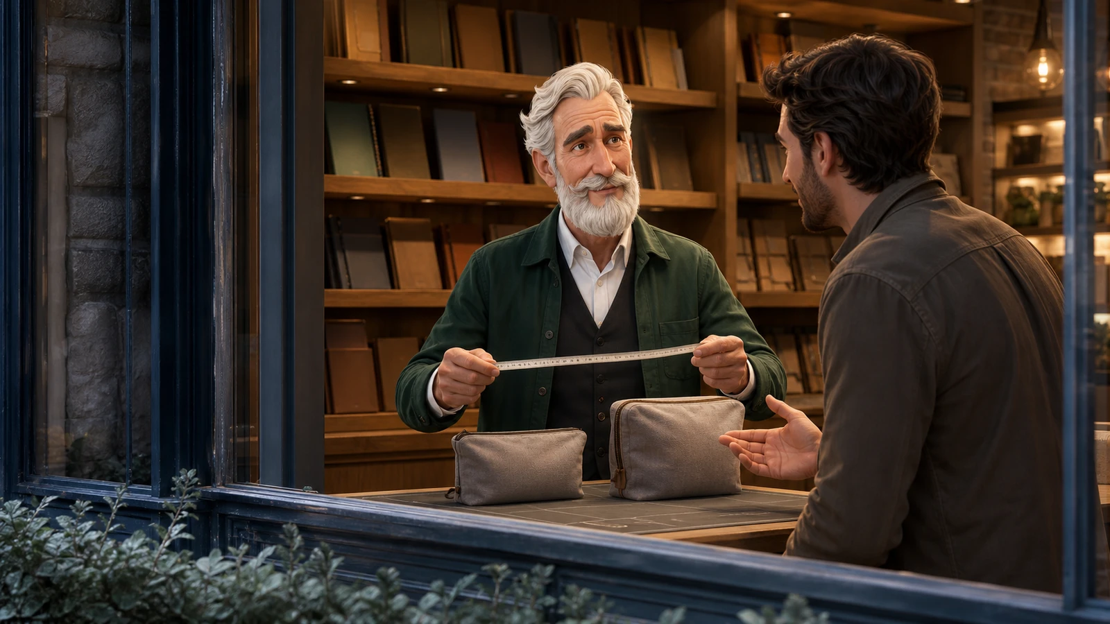 Robert compares two ordinary travel pouches with an adult customer at a shop window.