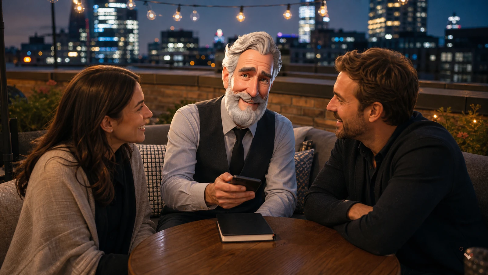 Robert shares a phone with two adult friends during a rooftop conversation.