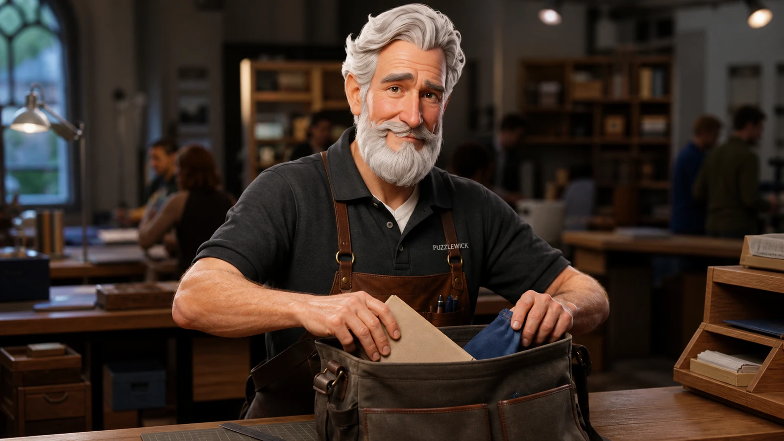 Robert packs a notebook and cloth pouch into a messenger bag at a workbench.