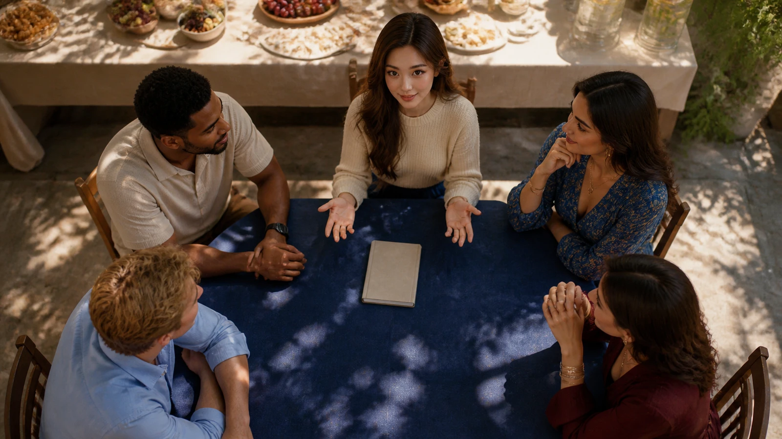 Yumi welcomes questions from four adult friends at a shaded outdoor table before play.