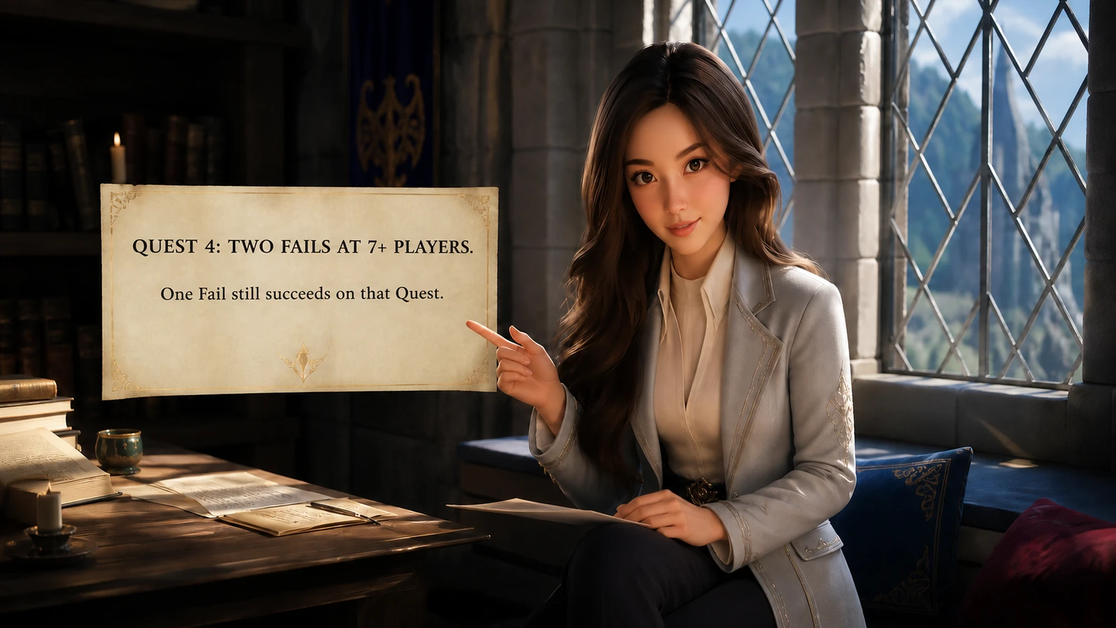 Yumi points to a reminder that Quest 4 needs two Fails at seven or more players.