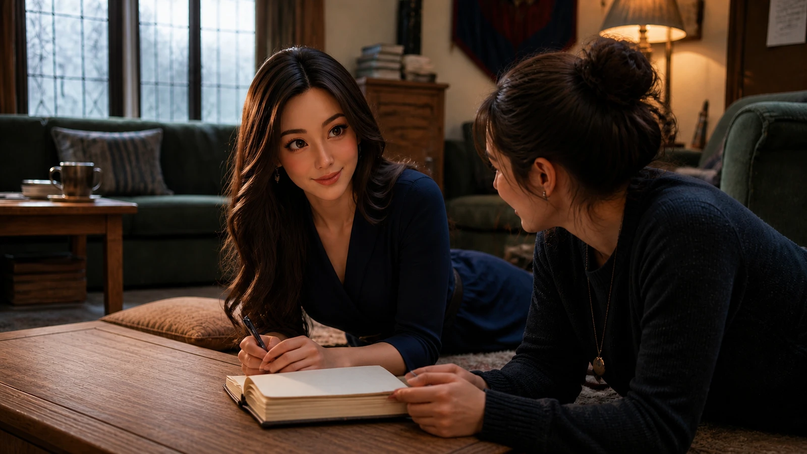 Yumi and an adult friend discuss their notes in a comfortable common room.